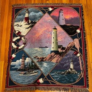 Vintage Crown Crafts Coastal Lighthouses Sunset Sunrise Tapestry Blanket 45”x55”